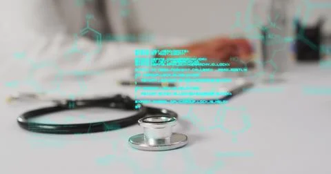 Image of chemical structures and data processing over biracial female doctor Stock Photos