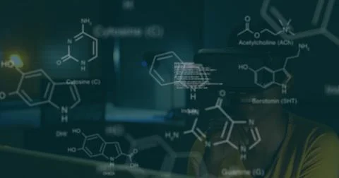 Image of chemical structures and data processing over african american woman Stock Photos