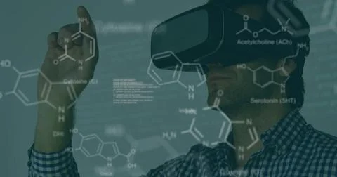 Image of chemical structures and data processing over caucasian man wearing vr Stock Photos