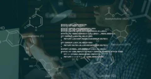 Image of chemical structures and data processing over caucasian man wearing vr Stock Photos