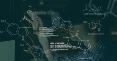 Image of chemical structures and data processing over caucasian man wearing vr 스톡 사진