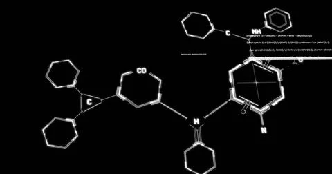 Image of chemical structures and data processing against black background Stock Photos