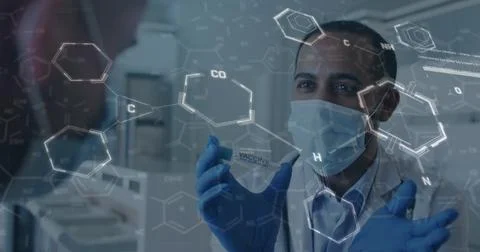 Image of chemical structures and data processing over biracial male doctor with Stock Photos