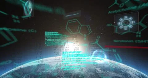 Image of chemical structures and data processing against globe and light spot Stock Photos