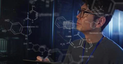 Image of chemical structures and data processing over asian male engineer Stock Photos