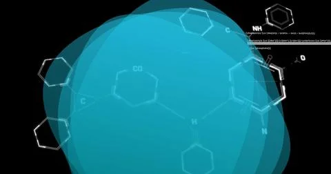 Image of chemical structures and data processing over blue banner with copy Stock Photos