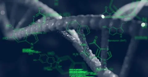 Image of chemical structures and data processing over dna strand spinning Stock Photos