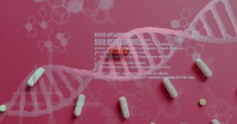 Image of chemical structures, data processing and dna strand over pills Stock Photos