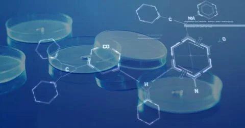 Image of chemical structures data processing over laboratory dishes on blue Stock Photos