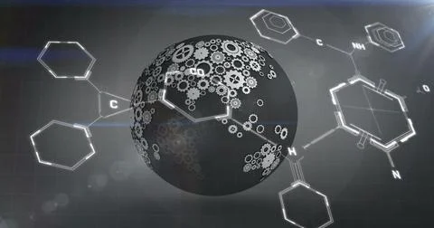 Image of chemical structures data processing over globe Foto stock