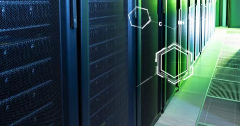 Image of chemical structures floating against computer server room 스톡 사진