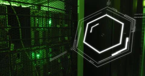Image of chemical structures floating against computer server room Foto stock