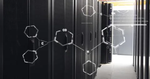 Image of chemical structures floating against computer server room Foto stock