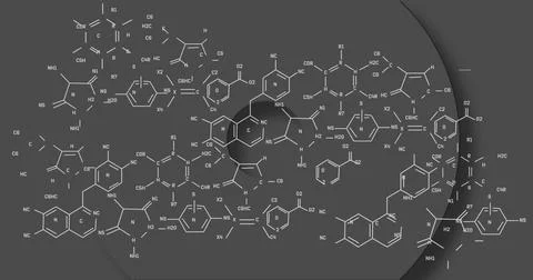 Image of chemical structures over abstract shapes forming against grey Stockfoto's