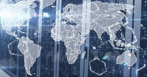 Image of chemicals structures and world map against mosaic squares over server Stock Illustration