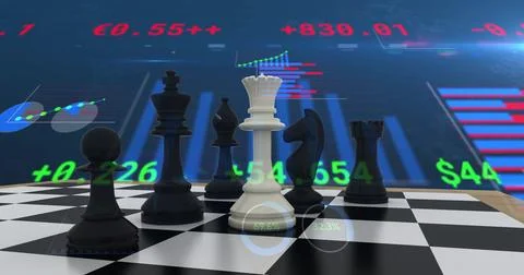 Image of chess game over graphs and charts processing data on dark background 写真素材