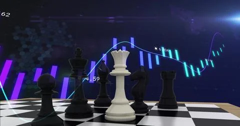 Image of chess pieces over graph and data processing on dark background Stock Photos
