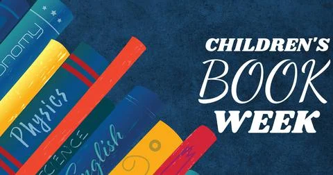 Image of children's book week text over books on blue background イラスト素材