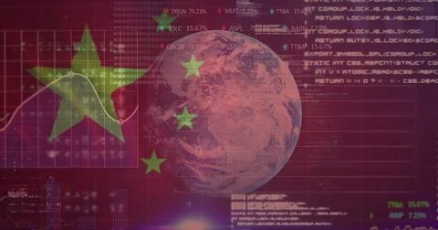 Image of chinese flag flowing over globe and data processing Stock Illustration