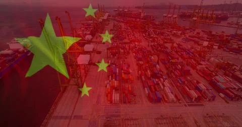 Image of chinese flag flowing over busy port Ilustração Stock