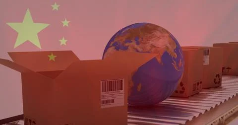 Image of chinese flag over globe and cardboard boxes on conveyor belt on white Ilustração Stock
