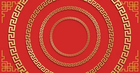 Image of chinese pattern and circles decoration on red background Foto stock