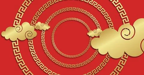 Image of chinese pattern and clouds decoration on red background Stock Photos