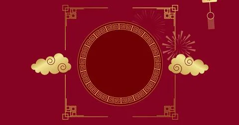 Image of chinese pattern and clouds decoration on red background Stock Photos