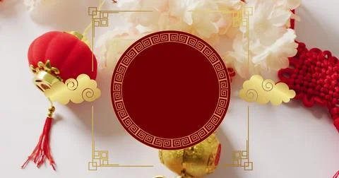 Image of chinese pattern and clouds decoration on red background Stock Photos