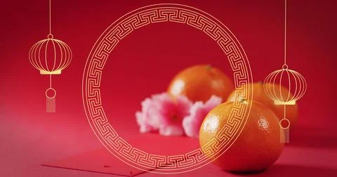 Image of chinese pattern and orange decoration on red background Stock Photos