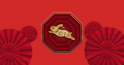 Image of chinese pattern and rabbit year decoration on red background Stock Photos