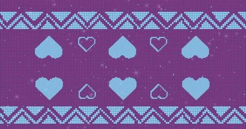 Image of christmas blue heart pattern with snow falling on purple background Illustrazione stock