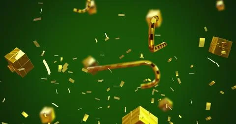 Image of christmas gold presents, candy canes and confetti falling on green Stock Illustration