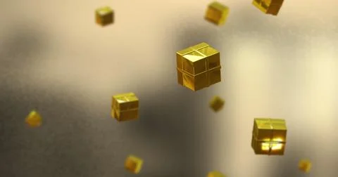 Image of christmas gold presents falling over yellow background Stock Illustration