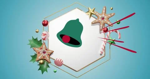 Image of christmas green bell in frame with decoration on blue background Stock Illustration