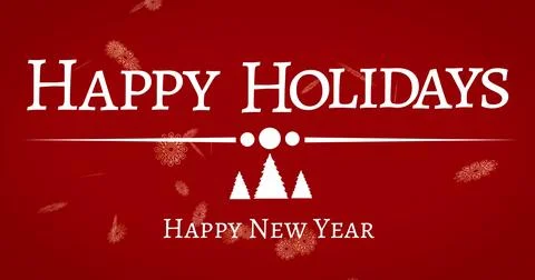 Image of christmas greetings text over snow falling on red background Illustrazione stock