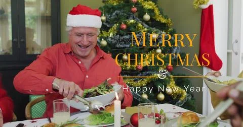 Image of christmas greetings text over senior caucasian man at christmas meal Stock Illustration