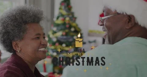 Image of christmas greetings text over smiling senior african american couple at Stock Illustration