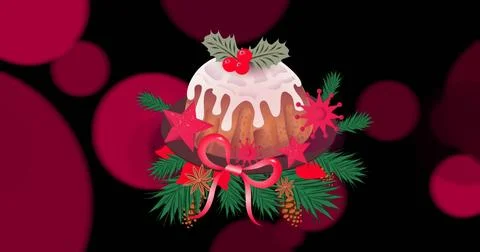 Image of christmas pudding with decorations on black background Stock Illustration