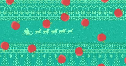 Image of christmas red apples falling over pattern on green background Stock Illustration