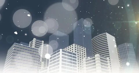 Image of christmas snow falling over city buildings and spots of light in night Ilustración de archivo