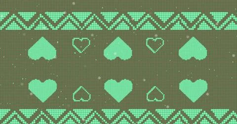 Image of christmas snow falling over pattern on green background Stock Photos