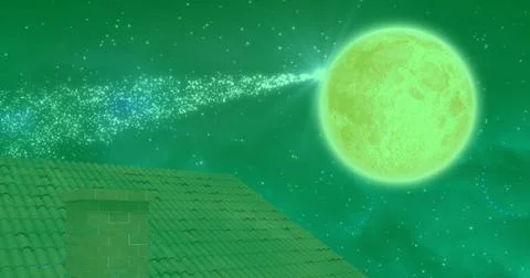 Image of christmas snow falling in winter scenery with full moon over green Ilustração Stock