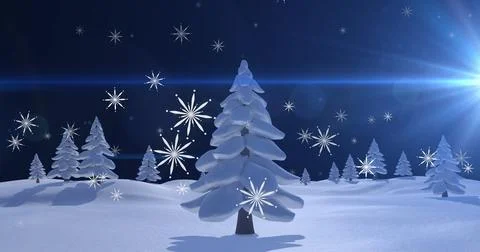 Image of christmas snowflakes falling at night over with snow covered trees and Ilustração Stock