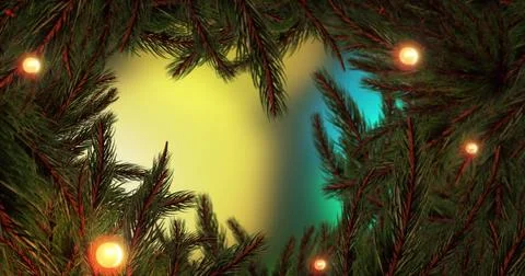 Image of christmas tree branches and fairy lights flickering over black Stock Illustration