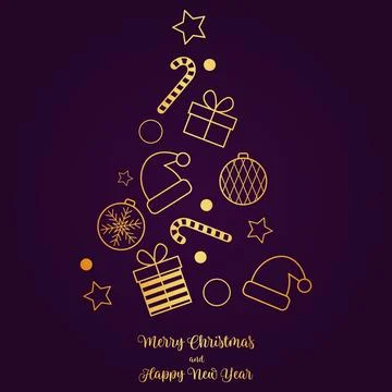 Image of christmas tree is composed of candy, gifts, hat, star and glass balls Stock Illustration