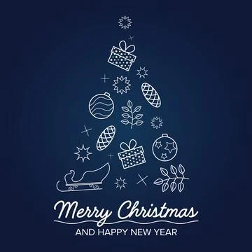 Image of christmas tree is composed of gift, stars, cone, branch, glass balls Stock Illustration