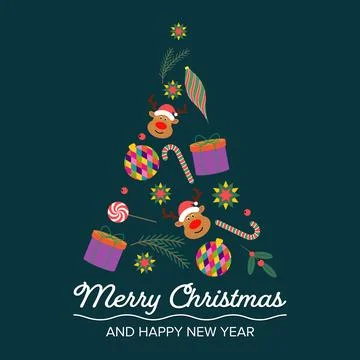 Image of christmas tree is composed of star, candy, glass balls, holly berries Illustrazione stock