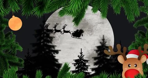 Image of christmas tree frame over full moon with santa in sleigh Ilustração Stock