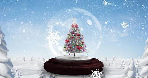 Image of christmas tree over snow falling Stock Illustration